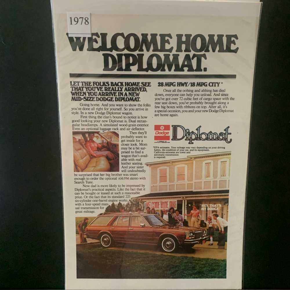Vintage 1978 Dodge Diplomat Welcome Home Diplomat Ad Advertisement